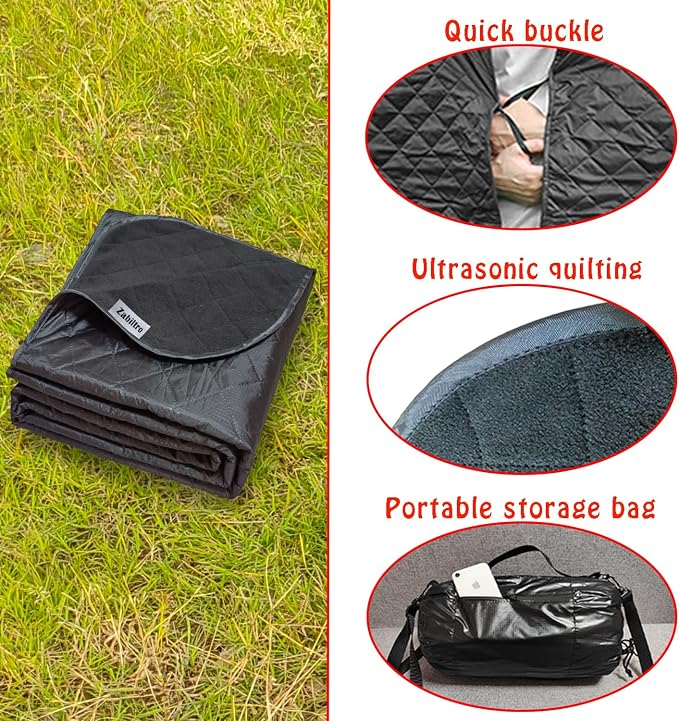 Large Outdoor Waterproof Blanket-Quilted Extra Thick Fleece Windproof Warm Includes Stuff Sack Shoulder Strap Machine Washable,55"x78"-Black