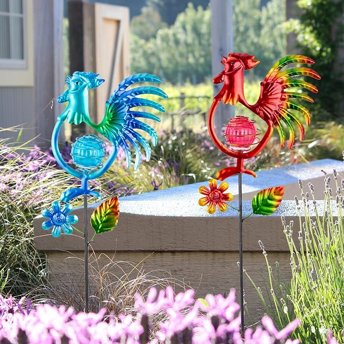 Rooster Solar Garden Lights, 2 Pack Metal Solar Stake Light, 27" H Outdoor Chicken Statues Figurine Lights for Spring Garden Lawn Patio Yard Decoration