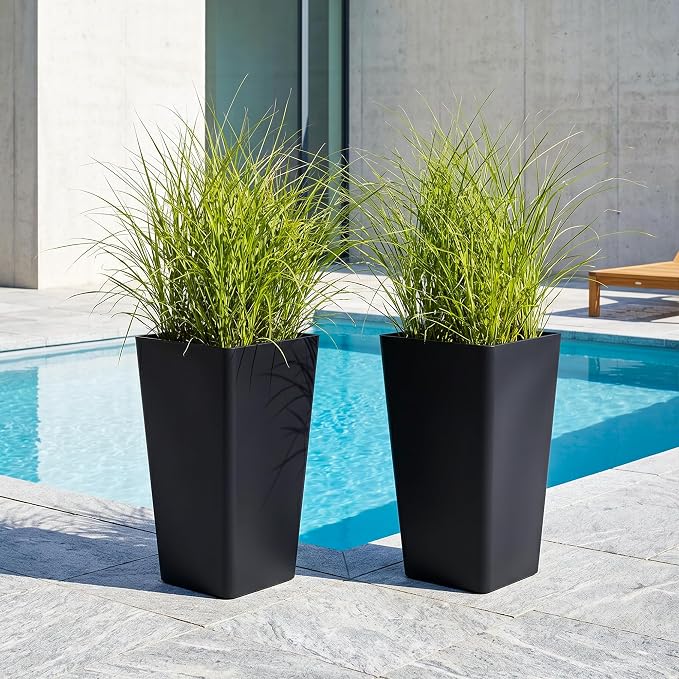 KOL Planters for Outdoor Plants, 20 Inch Tall Black Flower Pots 2 Pack, Large Plastic Plant Pots with Drainage Hole and Dual-Purpose Tray, Decorative Indoor Planter for Front Porch Patio Garden