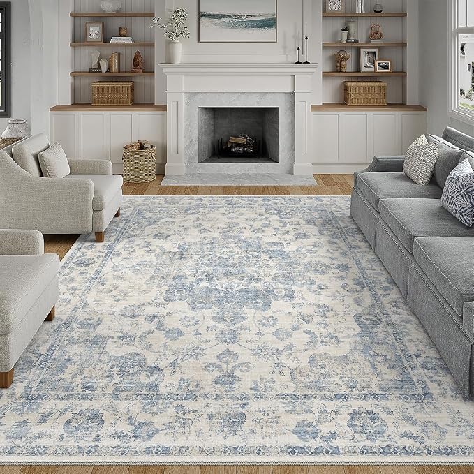 10x14 Blue Neutral Area Rug | Washable, Non Slip, Soft Low Pile, Vintage Farmhouse, Large, for Living Room Bedroom Dining Room Office Indoor Home Decor