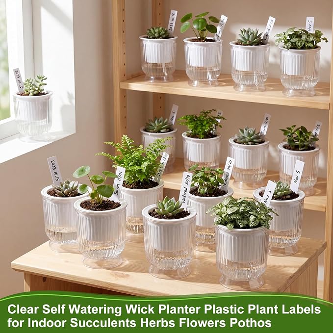 20 Sets 4 Inch Self Watering Pots Bulk Small Plant Pots with Inner Reservoir, Clear Self Watering Wick Planter Plastic Plant Labels for Indoor Succulents Herbs Flowers Pothos