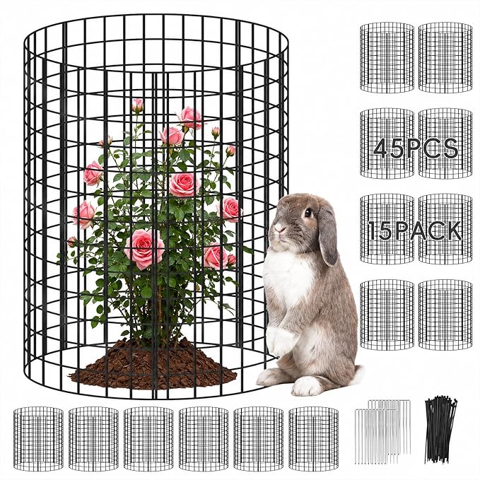 15 Packs Plant Protectors from Animals, 45Pcs 12"x 16" Large Metal Wire Mesh Garden Plant Cages for Outdoor Gardening, Chicken Wire Cloche Plant Cages for Rabbits with Zip Ties & Stakes(Black)