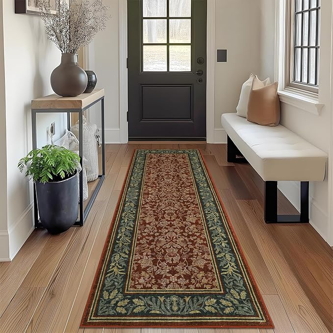 GarveeHome Washable 2.5x8 Hallway Runner Rug Non Slip Kitchen Rugs, Red | Boho Vintage Runner Rugs with Rubber Backing Soft Low-Pile Stain Resistant Indoor Long Carpet for Entryway Bedroom Laundry