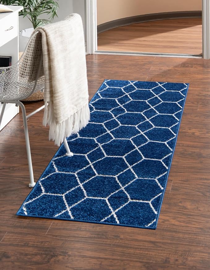 Unique Loom Trellis Frieze Collection Area Rug - Geometric (2' x 10' Runner, Navy Blue/ Ivory)