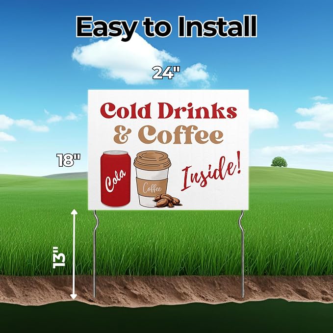 Cold Drinks & Hot Coffee Inside! Yard Sign by DC | 24"x18" Double Sided Conv. Store Garden Sign with 13” Metal Stakes | Outdoor Signs Waterproof for Lawn, Patio, Sidewalk & House | Set of 5
