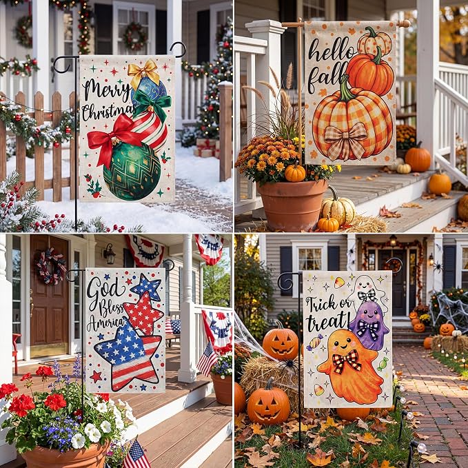 Mindsoft Seasonal Garden Flags Set of 12, 12 x 18 Inch Double Sided Linen Garden Flags for Outside, All Seasons Holiday Decoration Spring Summer Fall Winter Valentine Halloween Thanksgiving Christmas