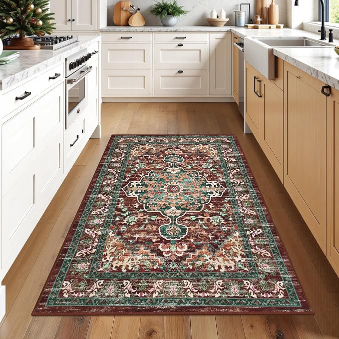 U'Artlines Boho Vintage Area Rug 3x5 Machine Washable Carpet, Rust＆Teal | Low Pile, Non Slip, Ultra-Thin Soft Floor Carpet, Accent Rug for Living Room Bedroom Entryway Dining Room Office
