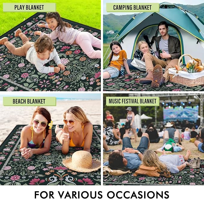 Floral Picnic Blankets Waterproof Foldable, 60″X80″ Packable Picnic Mat Boho Outdoor Blanket for Grass, Large Beach Blanket Sandproof Picnic Accessories for Camping Music Festival Park Lawn Travel