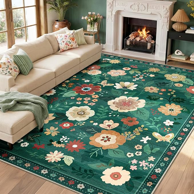 RELEANY Floral Washable 8x10 Area Rugs DarkGreen | Flower Carpet, Print, Boho, Non-Slip, Easy to Clean, Soft, Low Pile for Living Room Bedroom Kitchen Office Entryway Hallway