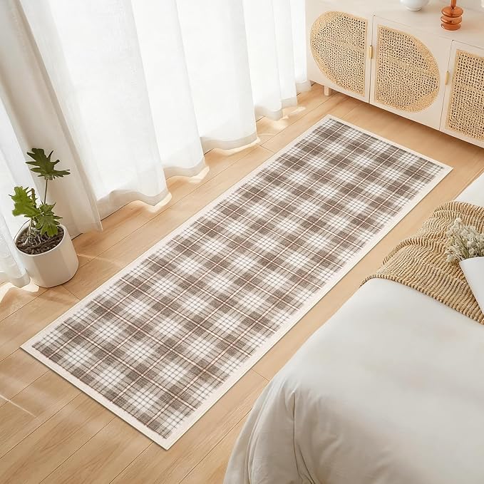 GarveeHome Checkered 2x6 Runner Rug, Machine Washable Stain Resistant Rug with Non Slip Backing, Carpet with Low-Pile for Hallways Kitchen Entryway Bedroom Living Room Beige