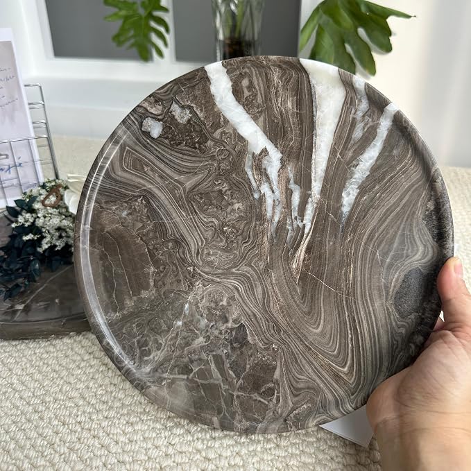 Real Natural Marble Round Tray 10.2in Solid Stone Decorative Plate | Luxury Brown Marble Decor Tray for Candle, Jewelry, Plant. Food-Safe Solid Stone Serving Dish with Unique Veining