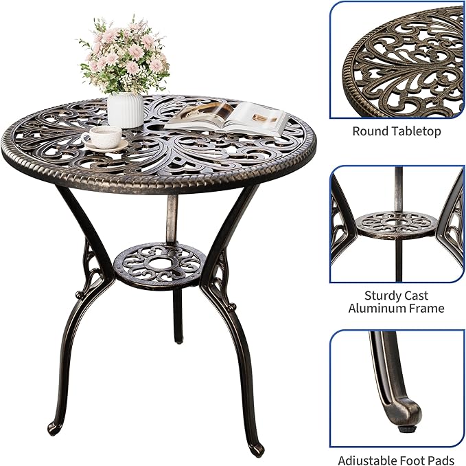 IDEALHOUSE Patio 23''Cast Aluminum Side Table with Umbrella Hole,Outdoor Small Coffee Tables,Anti-Rust Bistro Table,Round End Table,Outdoor Furniture for Indoor,Patio,Garden,Porch,Balcony,Retro Bronze