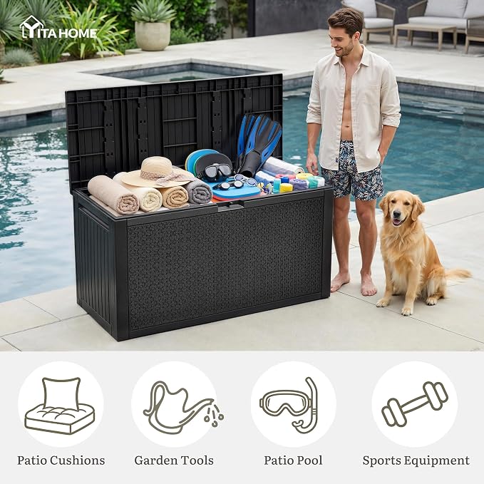 YITAHOME 95 Gallon Outdoor Storage Deck Box, Waterproof Resin Deck Box w/Handles, Lockable Outdside Deck Box for Patio Furniture, Garden Tools, Lockable & UV Resistant(Black)