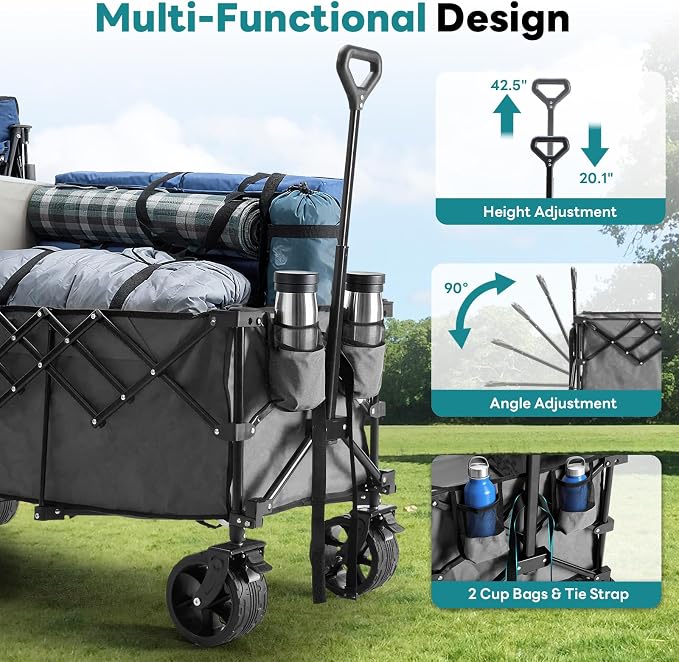 DUMOS 49''L Collapsible Extended Wagon with 440LBS Capacity, Heavy Duty Wagons Garden Cart with All-Terrain Big Wheels & Drink Holders, 250L Foldable Carts for Sports, Shopping, Camping, Grey