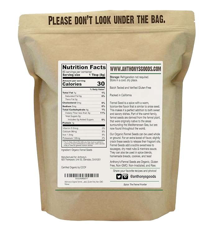 Anthony's Organic Fennel Seeds, 1.5 lb, Whole Seeds, Non-Irradiated, Gluten-Free, Non-GMO (Pack of 2)