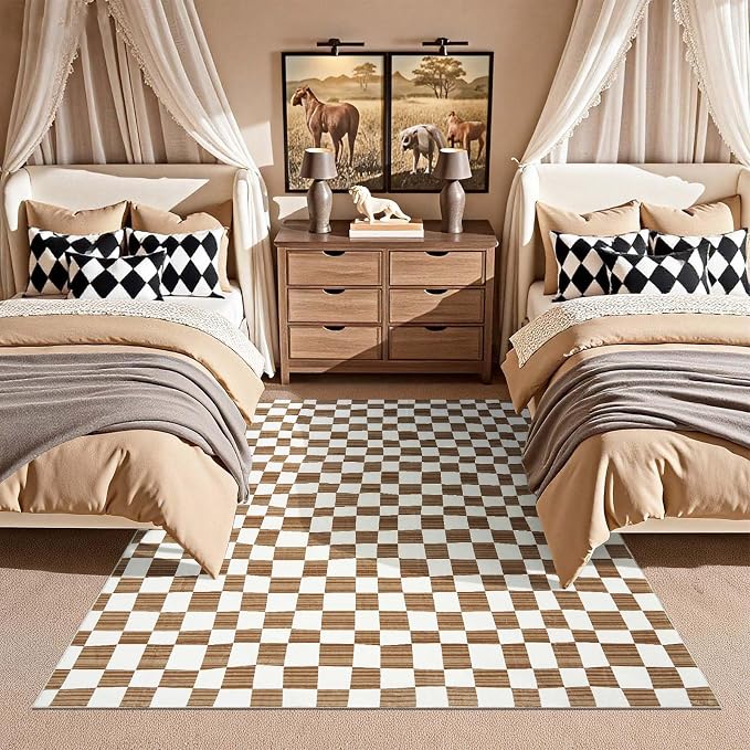 jinchan 5x7 Area Rug Washable Modern Checkered Rug for Kids Room, Brown | Geometric Lattice, Soft, Non-Slip, Floor Carpet, Kitchen, Nursery, Bedroom, Living Room, Dining Room, Nursery, Playroom