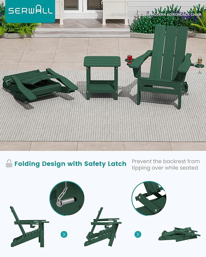 SERWALL Folding Adirondack Chair with Dual Cup Holders Set of 6, Modern Adirondack Chairs, HDPE All-Weather Fire Pit Chairs for Outdoor, Patio, Garden, Green