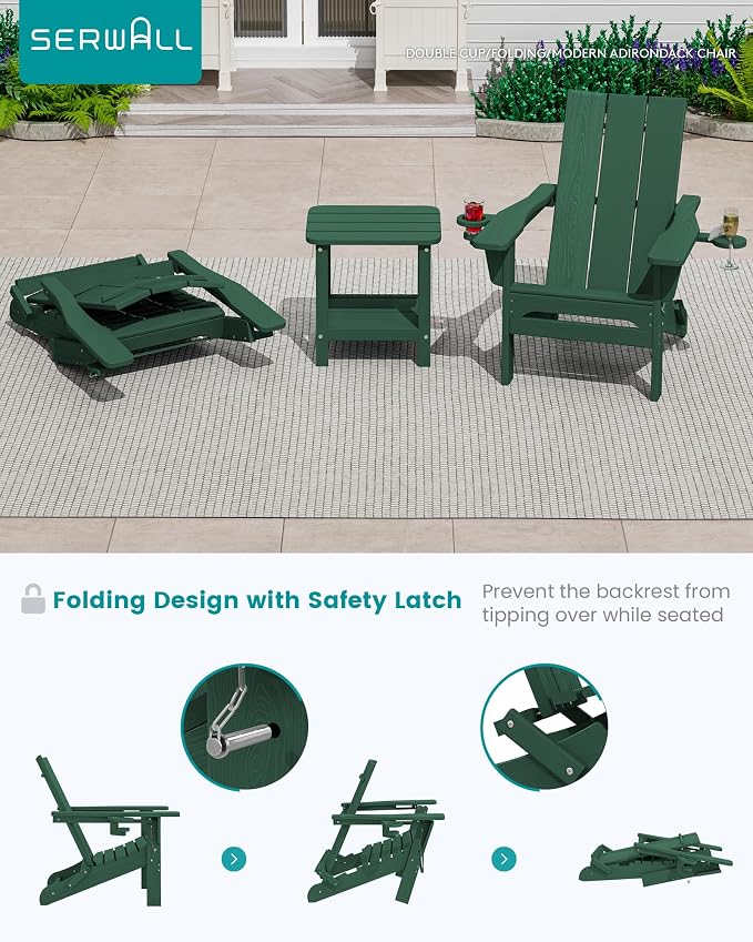 SERWALL Folding Adirondack Chair Set of 4 with Dual Cup Holders, Modern Adirondack Chairs, HDPE All-Weather Fire Pit Chairs for Outdoor, Patio, Garden, Green