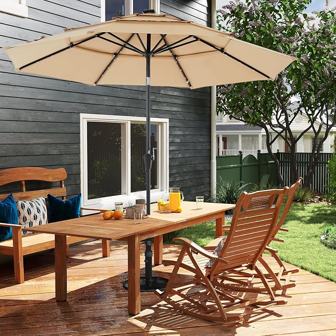 DUMOS Outdoor Solar Patio Umbrella 3 Tiers with 32 LED Lights, Beach Market Table Umbrella with Crank and 8 Sturdy Ribs for Pool, Terrace, Restaurant