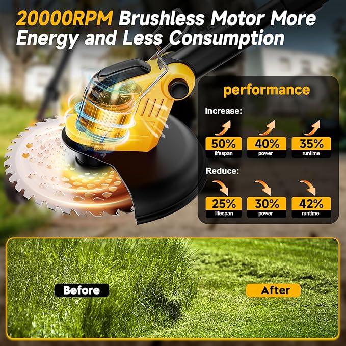 Brushless 4-in-1 Cordless Weed Wacker Edger with Wheel, 20000RPM 12'' Electric Weed Eater Battery Powered Brush Cutter, Grass Trimmer Stringless Weed Trimmer Lawn Mower Metal Blade Battery Charger