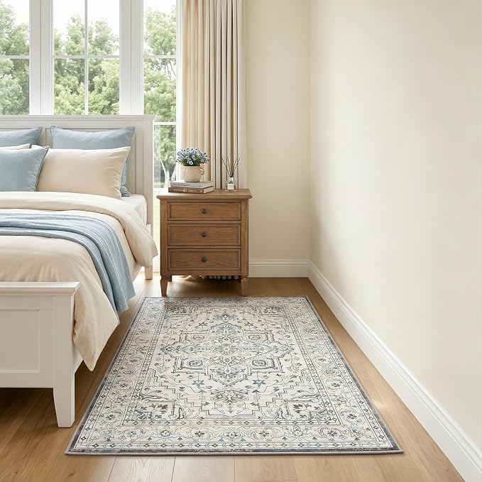 Vintage Washable Area Rug 3x5, Non-Slip Low-Pile Elegant Persian Carpet for Bedroom Kitchen Entryway Office, Stain Resistant Traditional Indoor Small Rug, Neutral Cream Blue