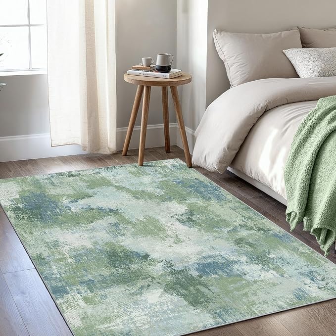 3x5 Area Rug for Bedroom, Modern Abstract Washable Rug with Non-Slip Backing & Low Pile Indoor Carpet for Living Room Dorm Bedside Entryway Office, Green