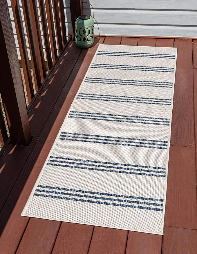 Unique Loom Outdoor Collection Area Rug - Anguilla (2' x 6' 1' Runner, Ivory/ Blue)