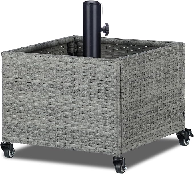 SUNNYPARK Umbrella Base with Wheels and Fillable Planter 2 in 1 | 120lbs Capacity, Heavy Duty, Hand Woven Rattan Style, Portable Decorative Umbrella Stand for Garden Backyard Deck Poolside