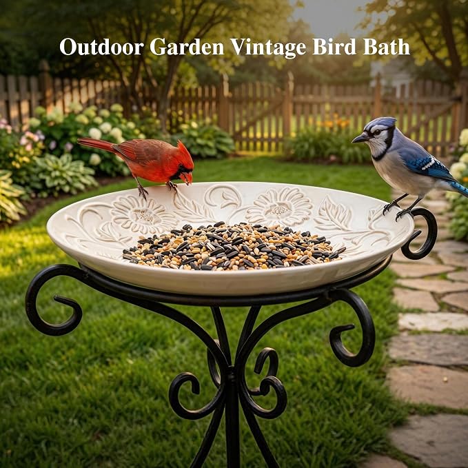 Topadorn Ceramic Bird Bath Bowl for Outdoors, 14.17" Decorative Bird Bath with Embossed Floral Design, Tabletop Birdbath for Garden, Patio, Deck & Balcony