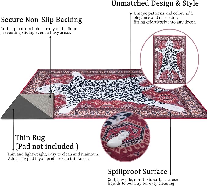 Oriental Leopard Rug 8x10 ft Washable Traditional Red Area Rugs for Bedroom Living Room, Dining Room Under Kitchen Table, Soft Non Slip Thin Rug Carpet (Red Leopard, 10X8 FT)