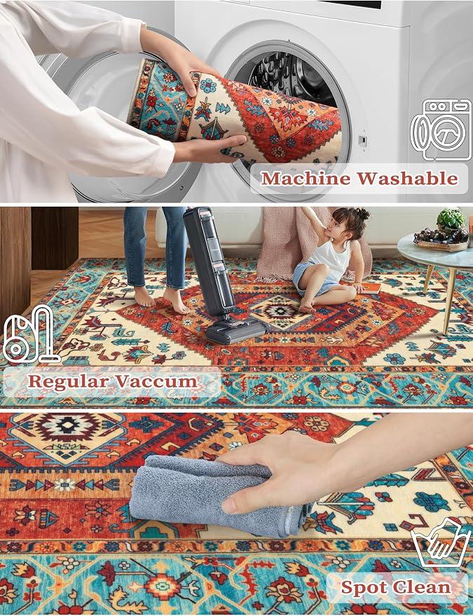 SERISSA 3x8 Washable Non Slip Boho Runner Rug for Hallway，Orange | Ultra Soft Vintage Oriental Carpet Low-Pile Tribal Floor Carpet for Stair Kitchen Bedroom Bathroom Laundry Room