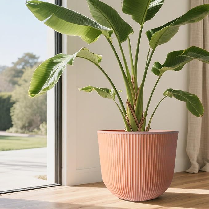 Worth Garden Round Large Planter Pot 1-Pack, 17.5" Dia x 15.5" H - Durable Plastic Terracotta Plant Tree Pots with Vertical Stripe Textured Finish, Drainage Hole for Indoor Outdoor Front Porch Patio