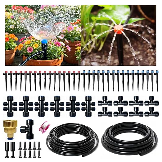 Drip Irrigation System, 2026-Upgrade 33FT+197FT 1/4" Garden Watering Kit with Adjustable Red & Blue Emitters, 3/4" Brass Connector, DIY Kit for Garden, Greenhouse, Potted Plants & Raised Beds