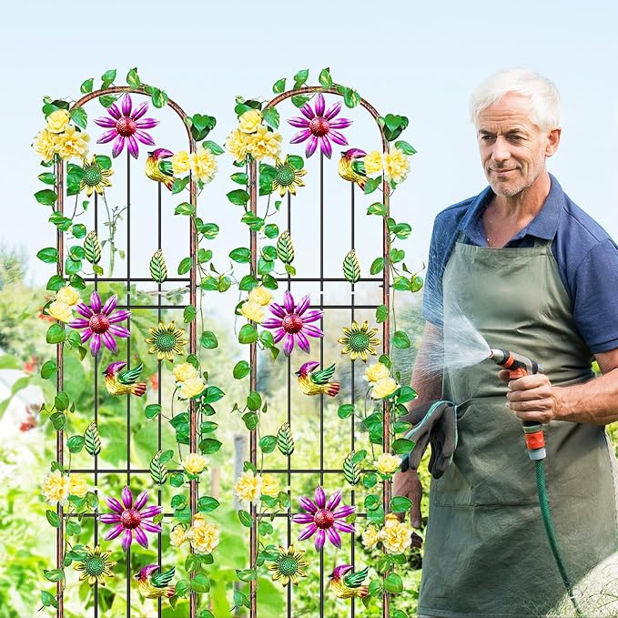 Metal GardenTrellis, Arched Fence Trellis Plant Support Trellises, Supporting Plants Outdoor Decoration for Climbing Plants Lawn Yard Patio Backyard Wall Brackets (Bird+Pink Flower)