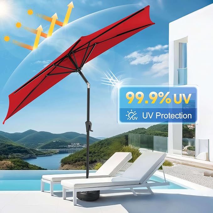 9FT Half Umbrellas Outdoor - Half Patio Umbrella with Tilt, UV Protection Waterprool, Half Round Umbrella for Wall Balcony, Pool, Porch, Garden, Deck, Backyard (Red)