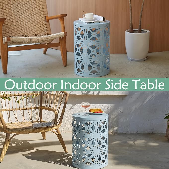 Y&M Outdoor Side Tables Set of 3, Round Metal Stacking Patio Side Tables, Indoor & Outdoor End Tables, Decorative Garden Stool Plant Stand for Patio, Garden, Balcony, Porch, Light Blue