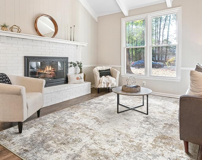 UERMEI 7x9 Area Rug Living Room Rugs - Washable Neutral Modern Abstract Soft Thin Large Rug Indoor Floor No Slip Rug Carpet for Bedroom Under Dining Table Home Office Decor - Brown Grey