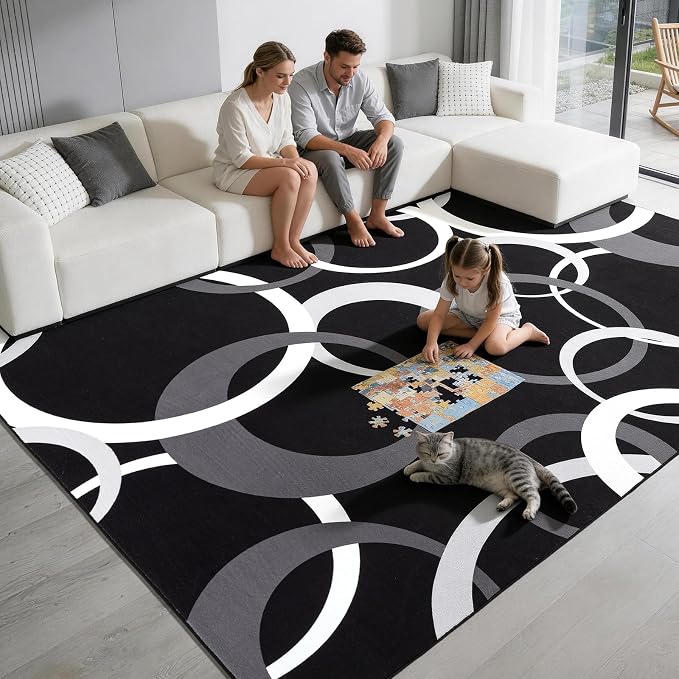 Washable Black and White Living Room Rug Non Slip, Soft 6x9 Area Rugs for Bedroom Dining Room Low Pile, Modern Concentric Circle Pattern Carpet for Playroom Home Office Decor