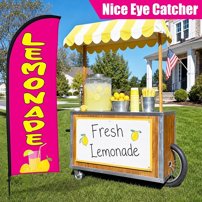 Buryeah 2 Pack Lemonade Feather Flag for Business Advertising 7x5.4ft Feather Flag Sign with Flagpole Ground Stake Portable Bag Lemonade Banner with Rope for Outside Garden Business Party (Rose Pink)