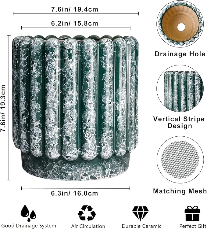 Ceramicfor Ceramic Flower Pot, 7.6 Inch, Green | Drainage Hole, Round Fluted Design, Indoor Outdoor Use, Decorative Planter