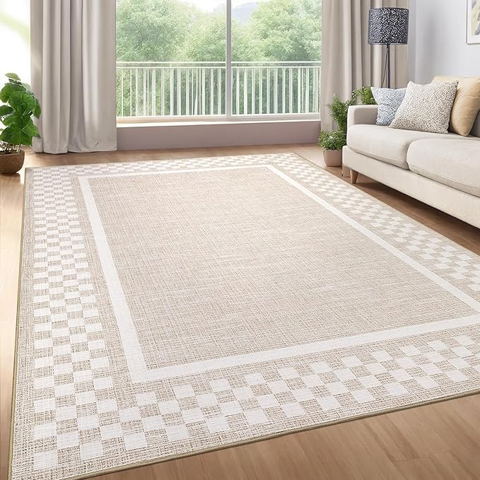 GarveeHome Washable Area Rug 4x6 Checkered Small Bedroom Living Room Rugs | Modern Bordered Soft Dining Room Throw Carpet Low Pile Non Slip Geometric Carpet for Nursery Kitchen Home Office, Beige