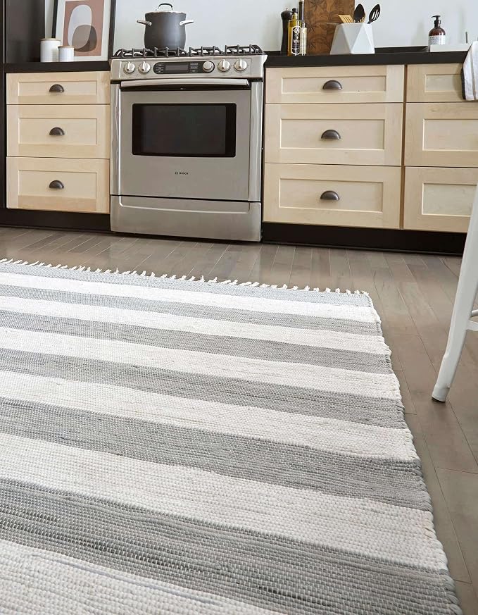 Unique Loom Chindi Rag Collection Area Rug - Striped (10' x 13' 1" Rectangle, Gray/ Ivory)