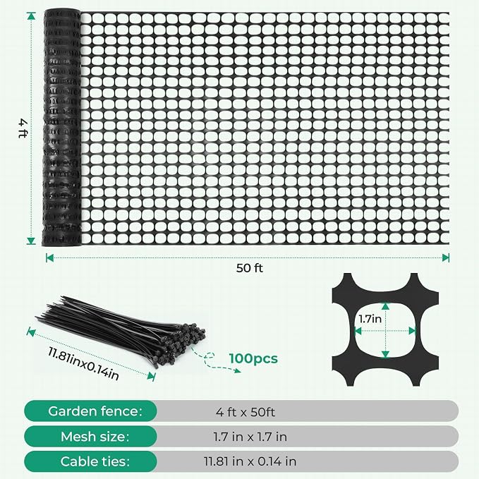 Ohuhu Plastic Garden Fence Safety Fence, 4'x50'/5.3 LB Reusable Netting Plastic Mesh Fence Roll, Temporary Fencing for Animal Barrier Construction Snow Fence Poultry Rabbits Chicken Dogs Deer
