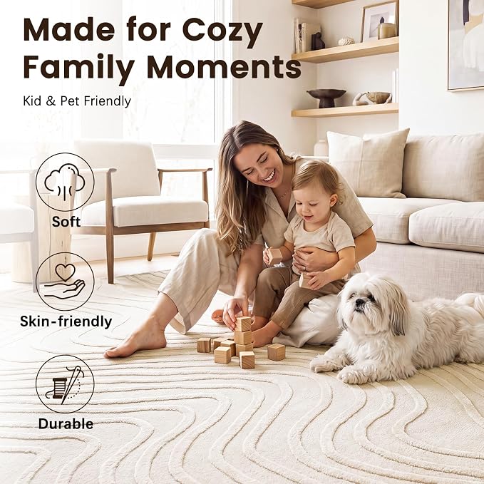 Etwel 6.5 ft Beige Modern Wavy Textured High-Low Pile Washable Round Rug | Soft Carpet, Non-Slip PVC Backing, Low Profile, Kid and Pet Friendly, for Living Room, Bedroom, Dining Room, Nursery