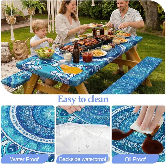 Picnic Table Cover with Bench Covers Camping Essentials Waterproof Windproof Camping Tablecloth with Drawstring Bag, Fitted Rectangle Tables and Seats, 72in, Air Superiority Blue