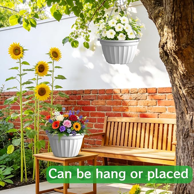 FGstyle 6 Pack Hanging Planters 8 Inch,Self Watering Pots for Indoor Plants,Plastic Hanging Basket with Soil Elevator and 20" Chain for Home Garden Porch Balcony Patio Decor(White)