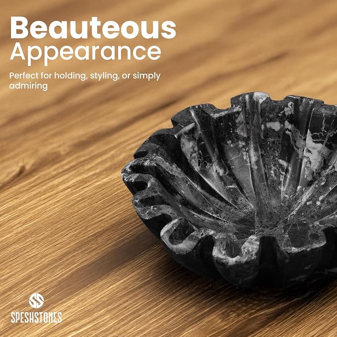 Marble Small Decorative Bowl 6 Inch Handmade Black Ruffle Bowl, Scalloped Bowls for Tables Centerpieces & Housewarming Gifts, Fluted Ring Dish, Fruit & Key Bowl for Entry Table