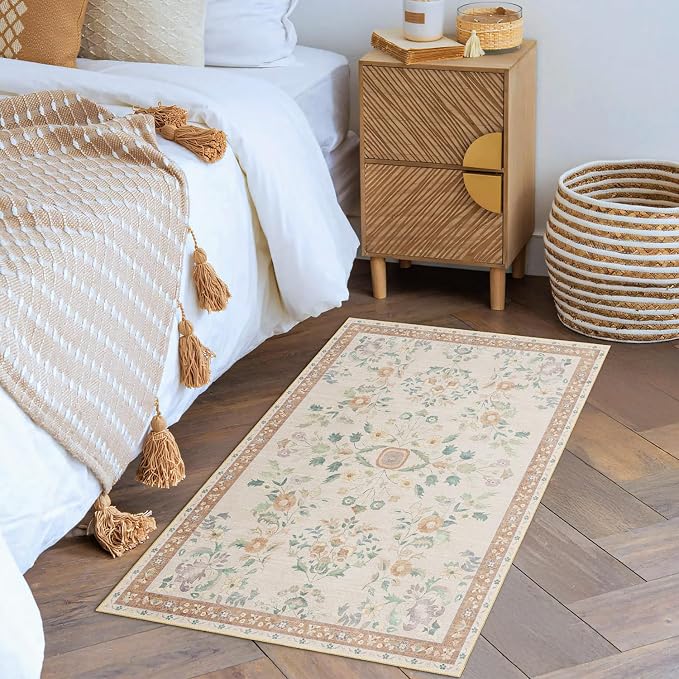 Small Rug Washable 2x3 Area Rugs Non Slip Ultra-Thin Floral | Throw Carpet for Bathroom Entryway Entry Entrance Bedroom Bedside Kitchen Floor Indoor Low Pile Boho Vintage Beige