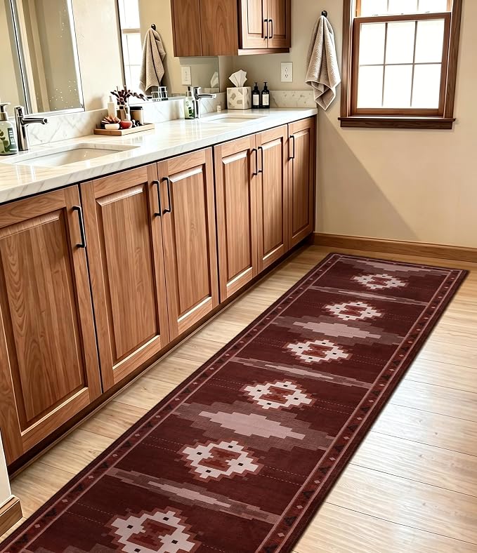YIHOUSE 2‘x8' Washable Western Red Aztec Runner Rug for Hallway | Non-Slip, Low Pile, Stain Resistant, Southwestern Rustic Retro Long Rug for Kitchen Entryway Bedroom, Red/Brown