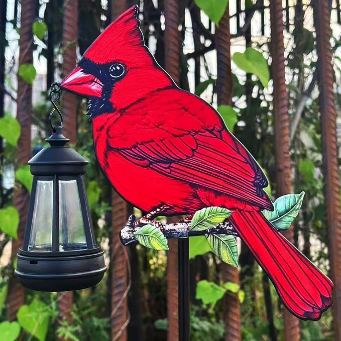 2 Pack Solar Lanterns Outdoor Decor Solar Bule Jay Lanterns Solar Cardinal Redbird Lights Metal Stake Yard Garden Decor Art Figurine Waterproof LED Lights Gifts for Mom Grandma Women (Red Bird)